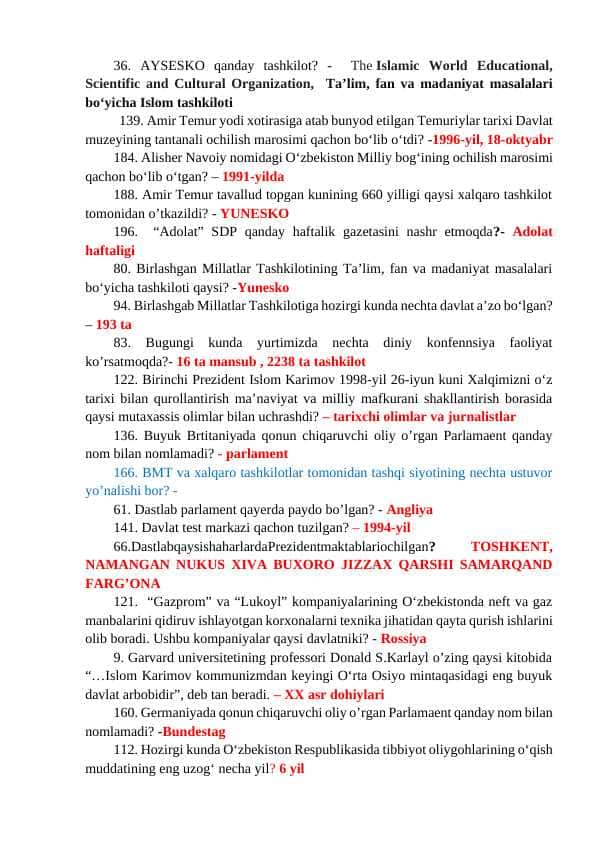 O'zbekiston Yangi tarix savollar javoblari bilan 2