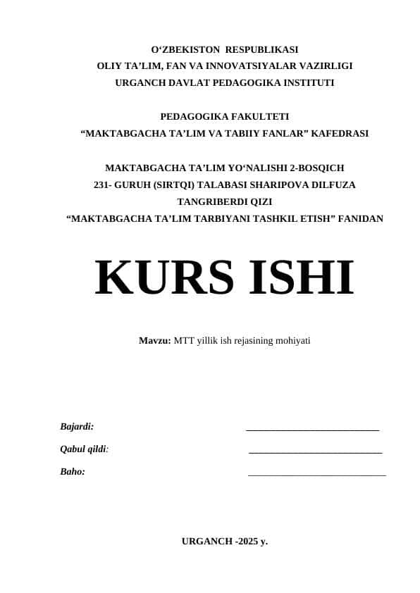 Maktabgacha ta'lim tashkilotining yillik ish rejasining mohiyati