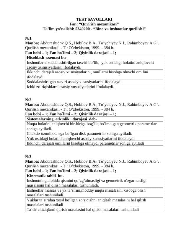 Qurilish mexanikasi test