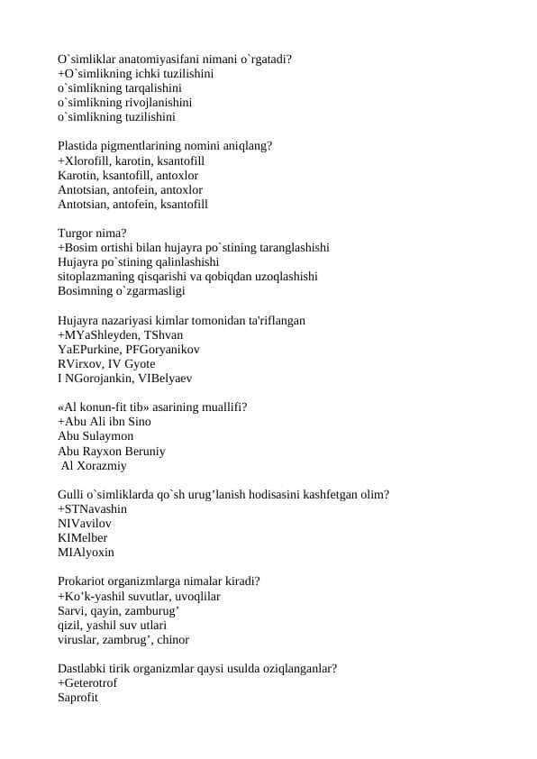 Botanika va o'simliklar fiziologiyasi test