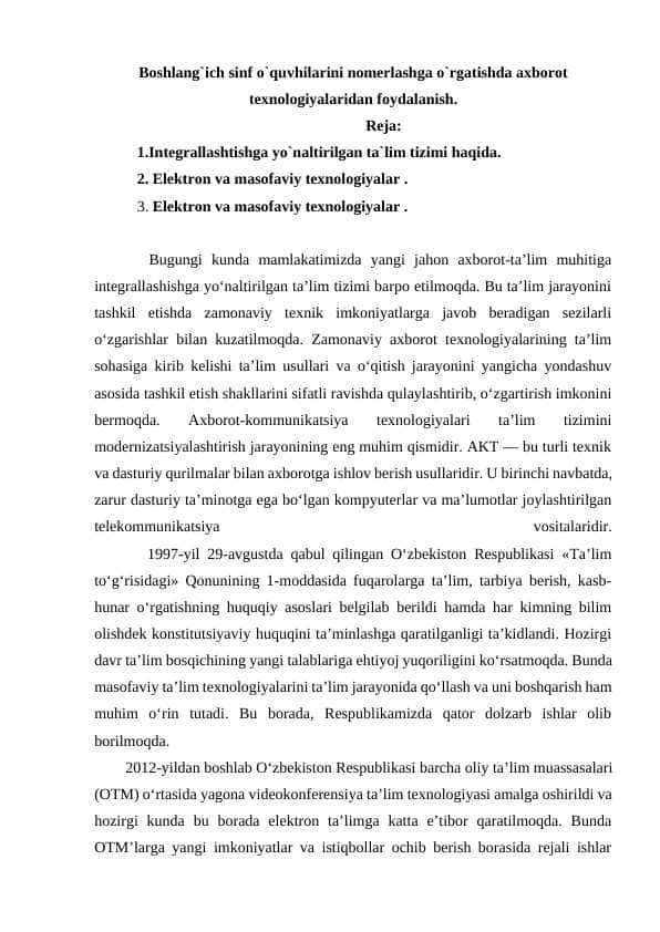 Boshlang’ich sinf o‘quvchilarini nomerlashga o‘rgatishda axborot texnologiyalaridan foydalanish