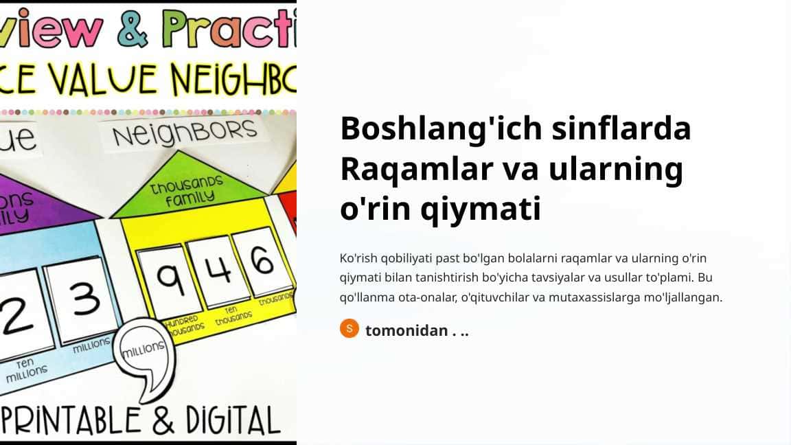 Boshlang'ich sinflarda Raqamlar va ularning o'rin qiymati