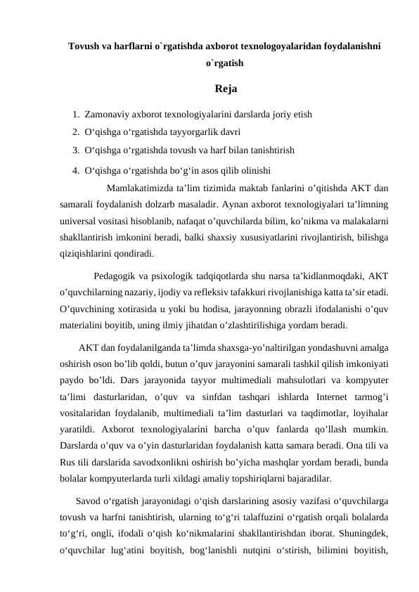 Tovush va harflarni o`rgatishda axborot texnologoyalaridan foydalanishni o`rgatish