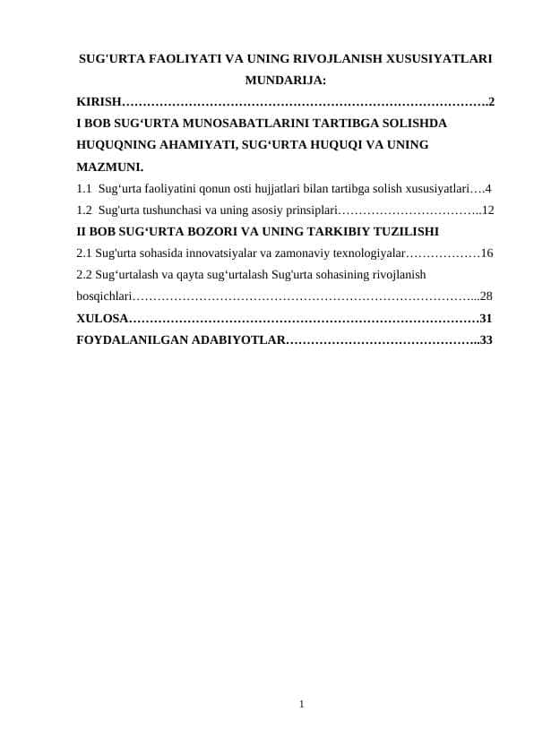 SUG'URTA FAOLIYATI VA UNING RIVOJLANISH XUSUSIYATLARI