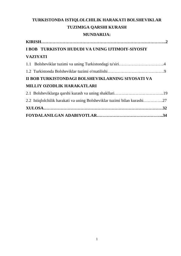TURKISTONDA ISTIQLOLCHILIK HARAKATI BOLSHEVIKLAR TUZIMIGA QARSHI KURASH