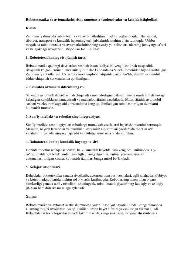 Robototexnika va avtomatlashtirish