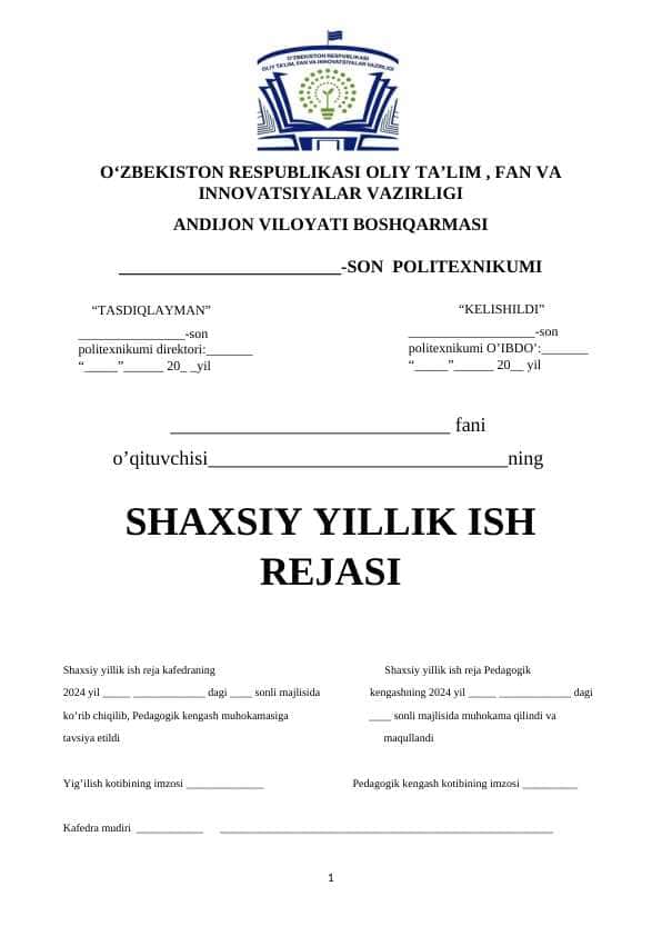 SHAXSIY YILLIK ISH REJASI