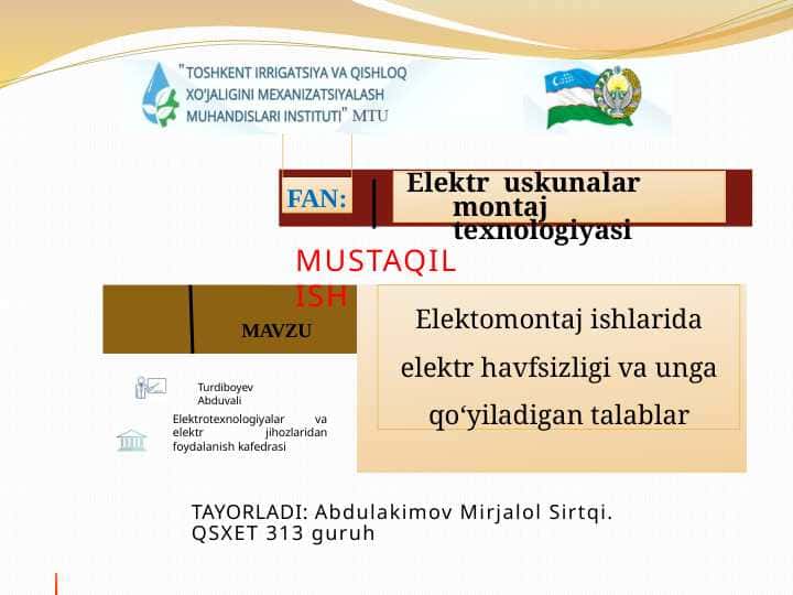 Elektomontaj ishlarida elektr havfsizligi va unga qoʻyiladigan talablar.pptx