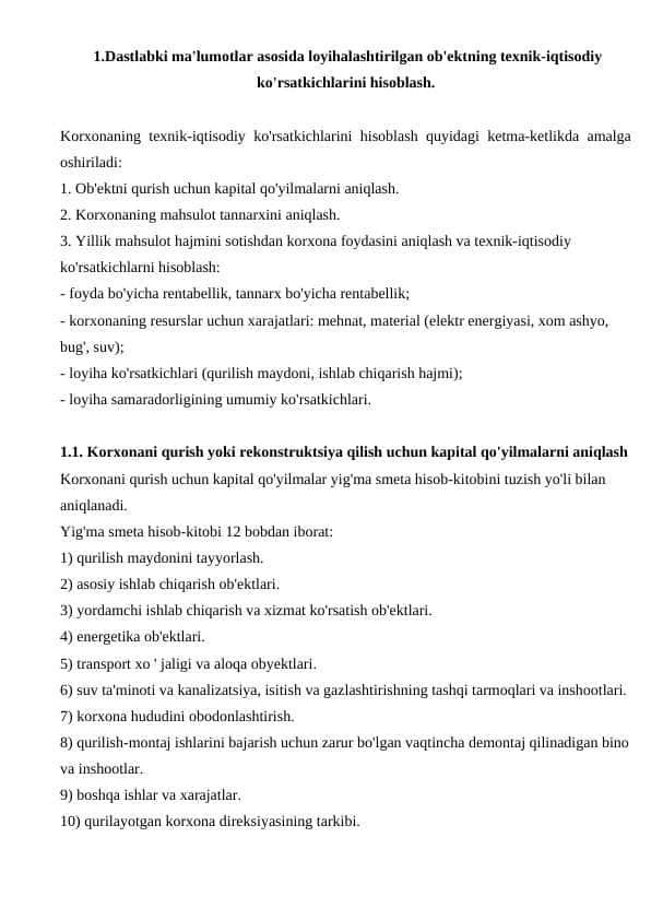 Korxonaning texnik iqtisodiy samaradorligini aniqlash