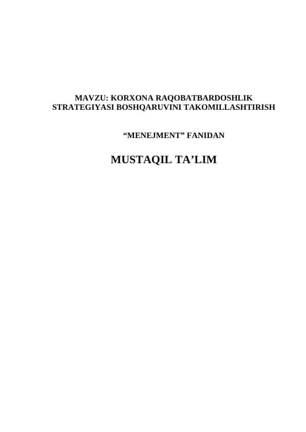 KORXONA RAQOBATBARDOSHLIK STRATEGIYASI BOSHQARUVINI TAKOMILLASHTIRISH