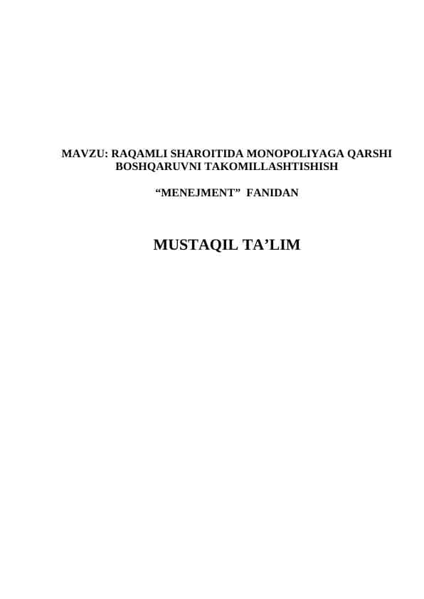 RAQAMLI SHAROITIDA MONOPOLIYAGA QARSHI BOSHQARUVNI TAKOMILLASHTISHISH