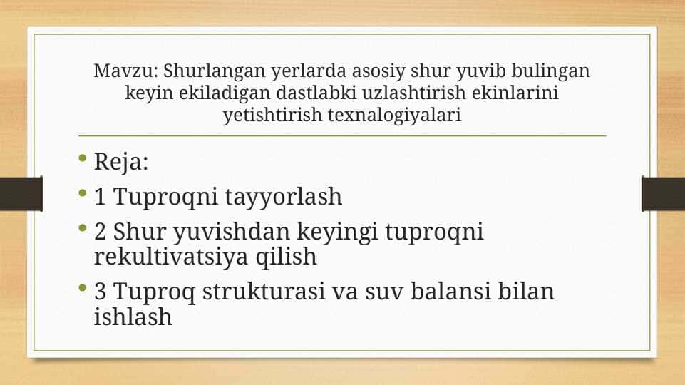 Shurlangan yerlarda asosiy shur yuvib bulingan keyin ekiladigan dastlabki uzlashtirish ekinlarini yetishtirish texnalogiyalari
