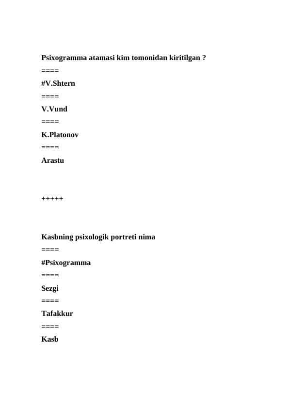 Pedagogika va psixologiya oraliq nazor test
