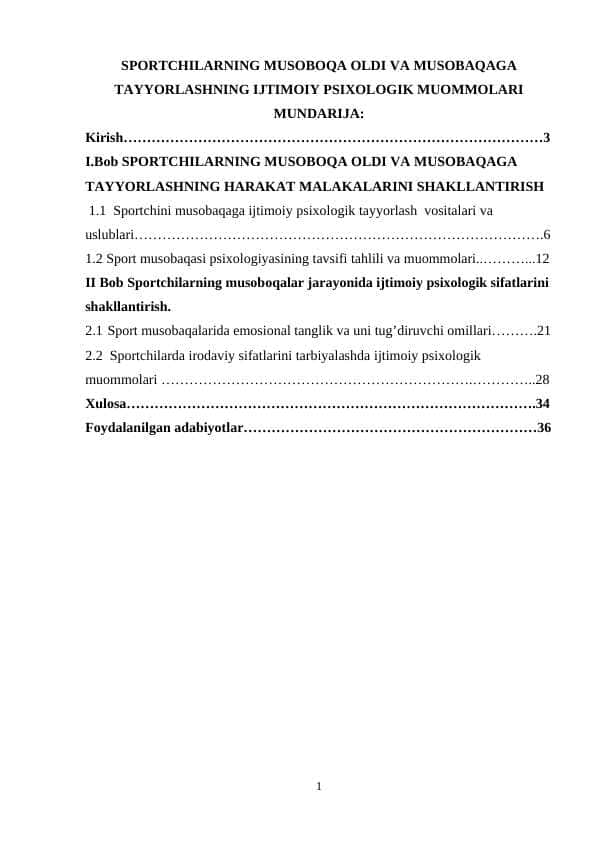 SPORTCHILARNING MUSOBOQA OLDI VA MUSOBAQAGA TAYYORLASHNING IJTIMOIY PSIXOLOGIK MUOMMOLARI