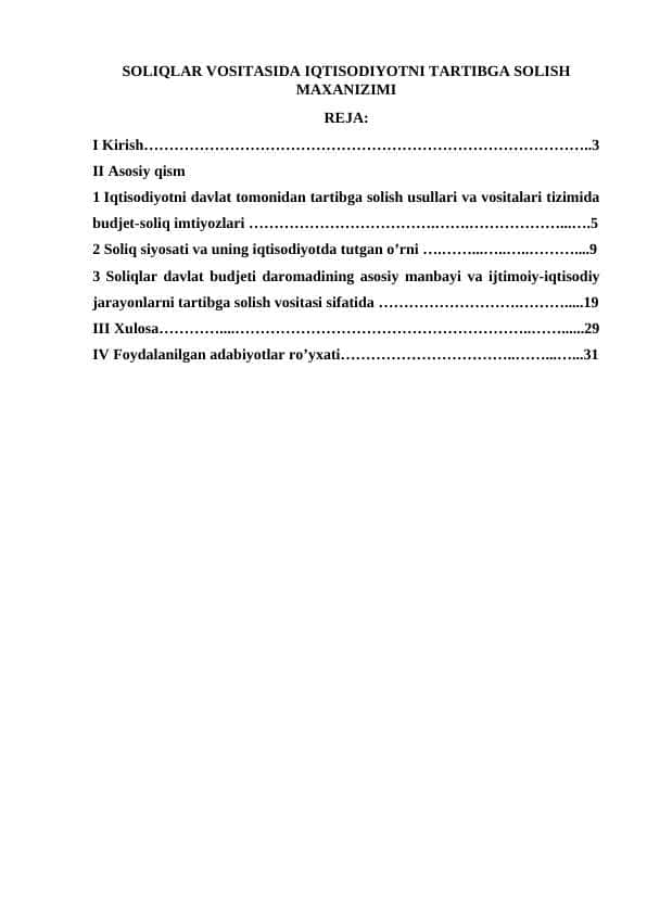 SOLIQLAR VOSITASIDA IQTISODIYOTNI TARTIBGA SOLISH MAXANIZIMI