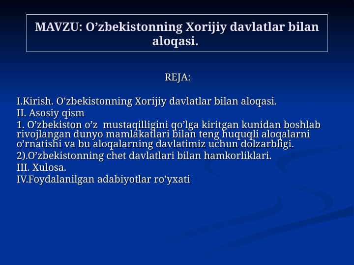 O'zbekistonning Xorijiy davlatlar bilan aloqalari