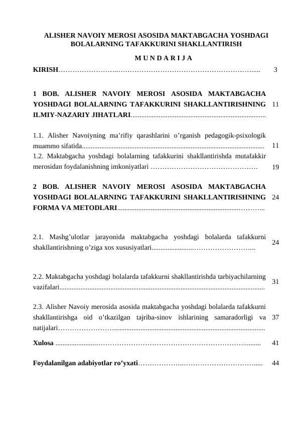 ALISHER NAVOIY MEROSI ASOSIDA MAKTABGACHA YOSHDAGI BOLALARNING TAFAKKURINI SHAKLLANTIRISH