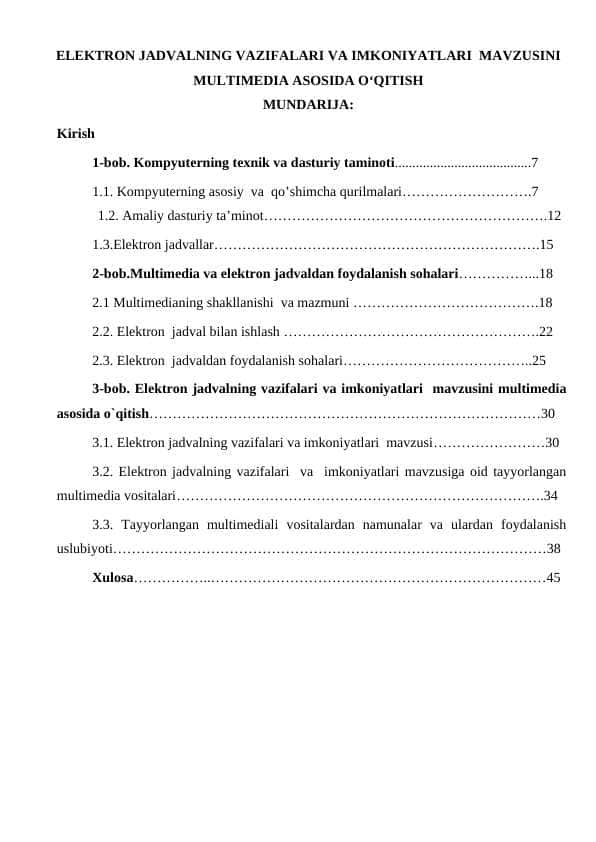 ELEKTRON JADVALNING VAZIFALARI VA IMKONIYATLARI MAVZUSINI MULTIMEDIA ASOSIDA O‘QITISH