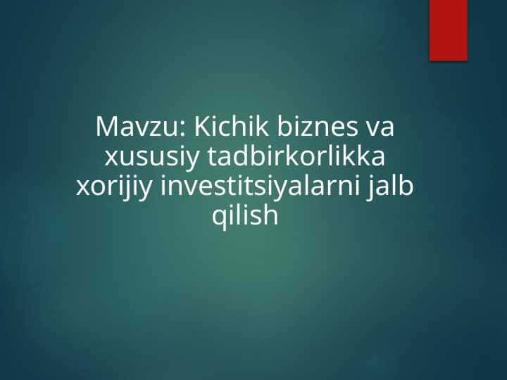 Kichik biznes va xususiy tadbirkorlikka xorijiy investitsiyalarni jalb qilish