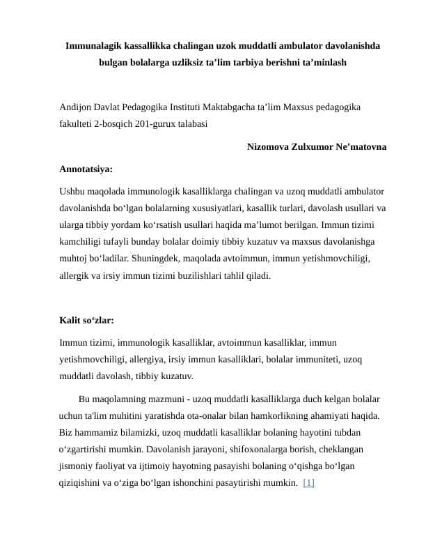 Immunalagik kassallikka chalingan uzok muddatli ambulator davolanishda bulgan bolalarga uzliksiz ta’lim tarbiya berishni ta’minlash