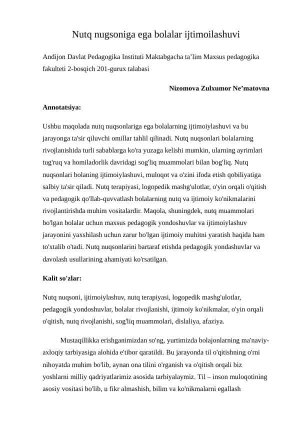 Nutq nuqsoniga ega bolalar ijtimoilashuvi