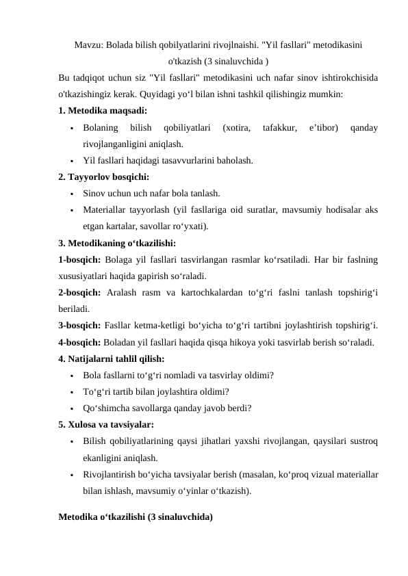 Bolada bilish qobilyatlarini rivojlnaishi. "Yil fasllari" metodikasini o'tkazish (3 sinaluvchida )