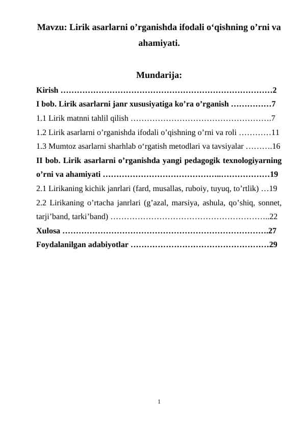 Lirik asarlarni o’rganishda ifodali o‘qishning o’rni va ahamiyati.