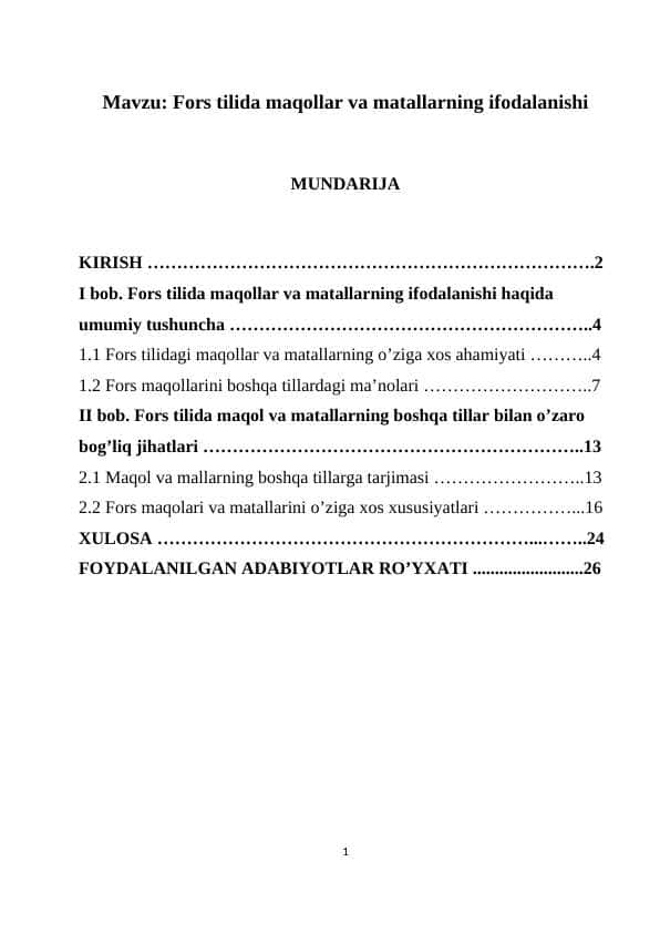 Fors tilida maqollar va matallarning ifodalanishi