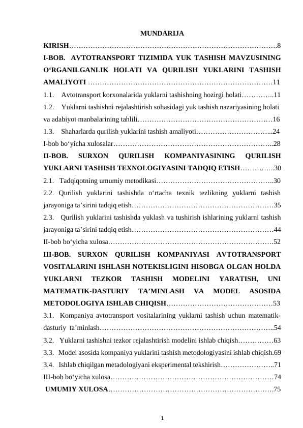 SURXОNQURILISH KОМPАNIYАSI АVTОTRАNSPОRT VОSITАLАRI ISHLАSH NОTEKISLIGINI HISОBGА ОLGАN HОLDА YUKLАRNI TАSHISHNI TEZKОR REJАLАSHTIRISH МETОDIKАSINI ISHLАB CHIQISH