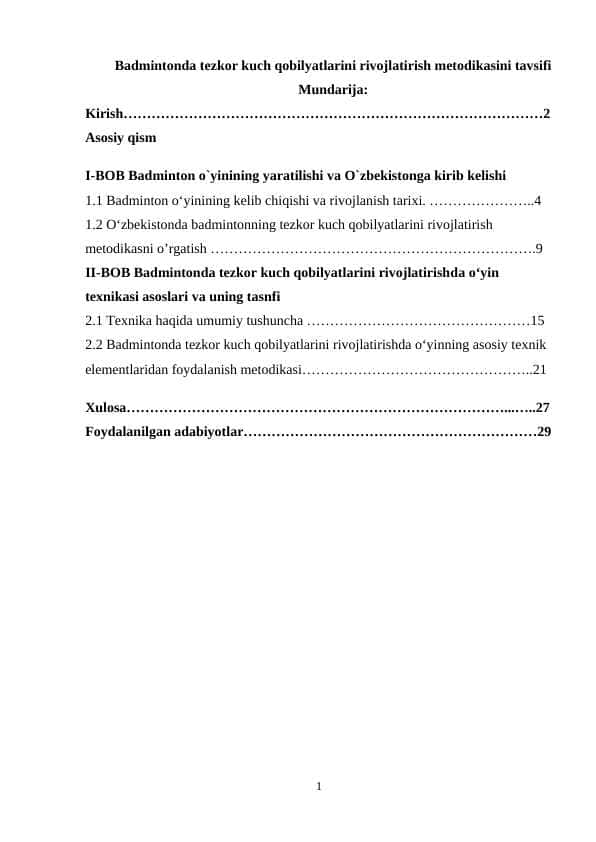 Badmintonda tezkor kuch qobilyatlarini rivojlatirish metodikasini tavsifi