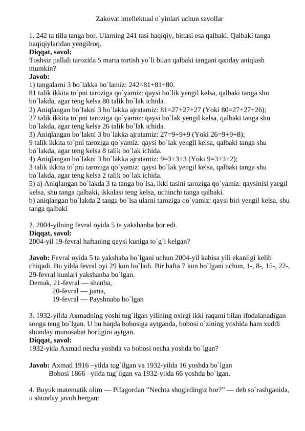 Zakovat savollari, matematika, mantiq