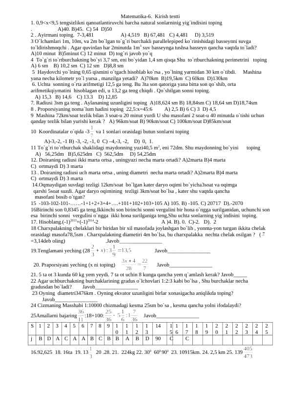 Matematika 6-sinf fan oyligi 25 talik kirish testi javoblari bilan