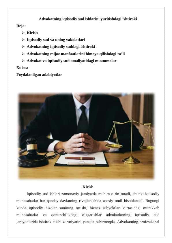 Advokatning iqtisodiy sud ishlarini yuritishdagi ishtiroki 25