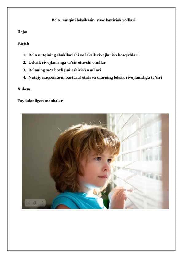 Bola nutqini leksikasini rivojlantirish yo‘llari