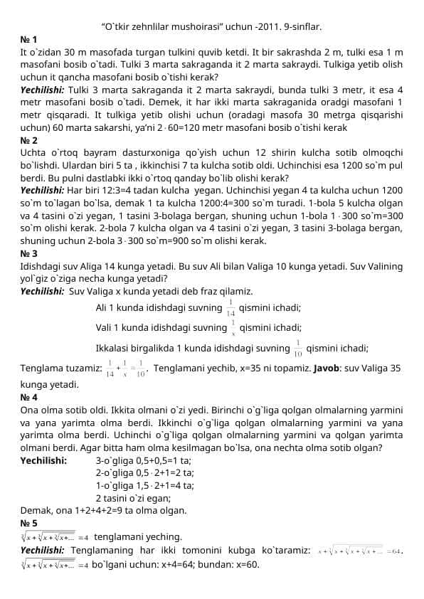 Matematik savollar yechimlari bilan