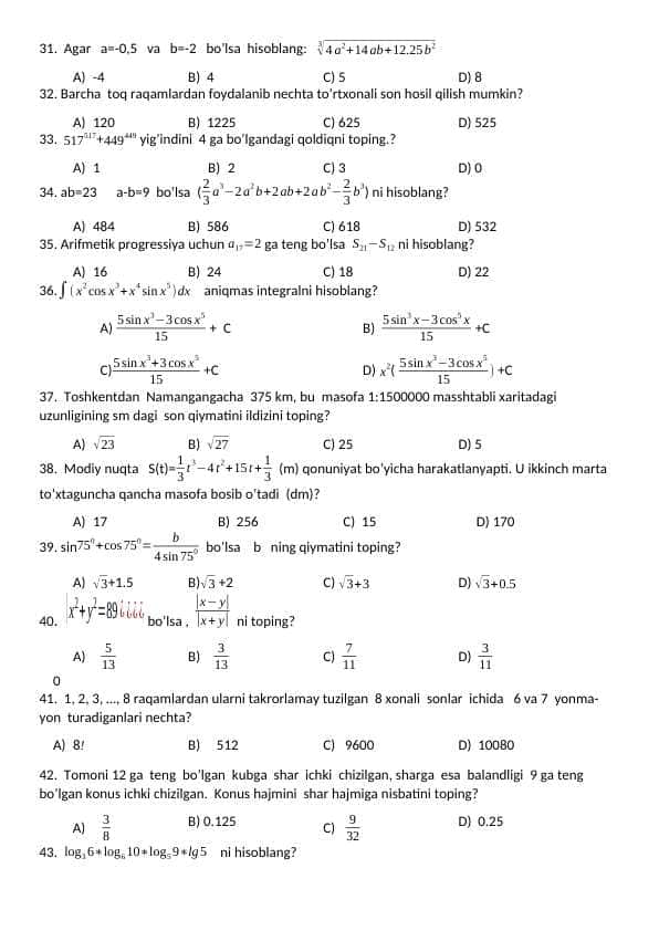 Matematikadan 30 talik umumiy sinov uchun test