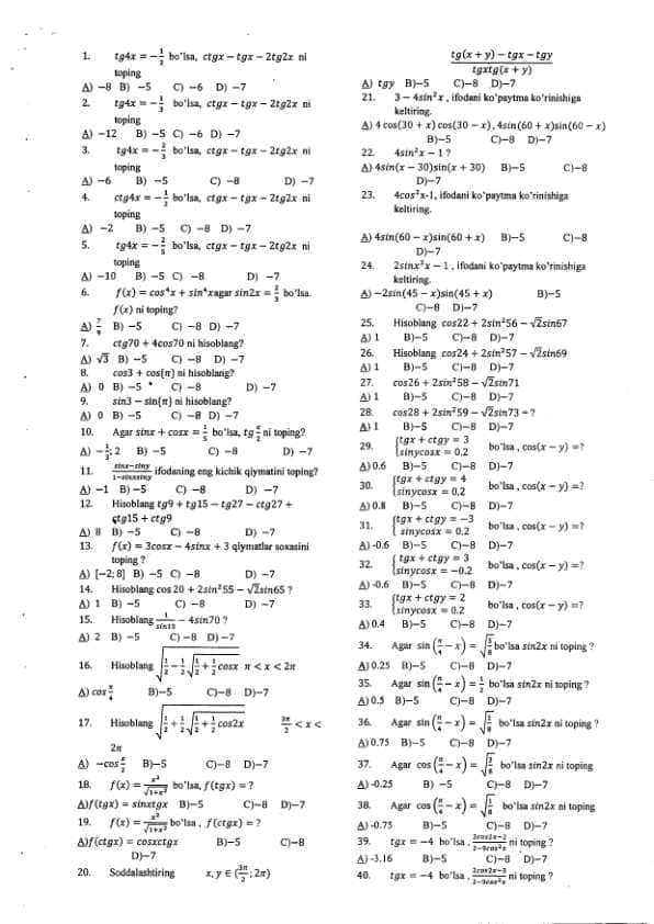 Matematika testlar abituriyent uchun 472 ta