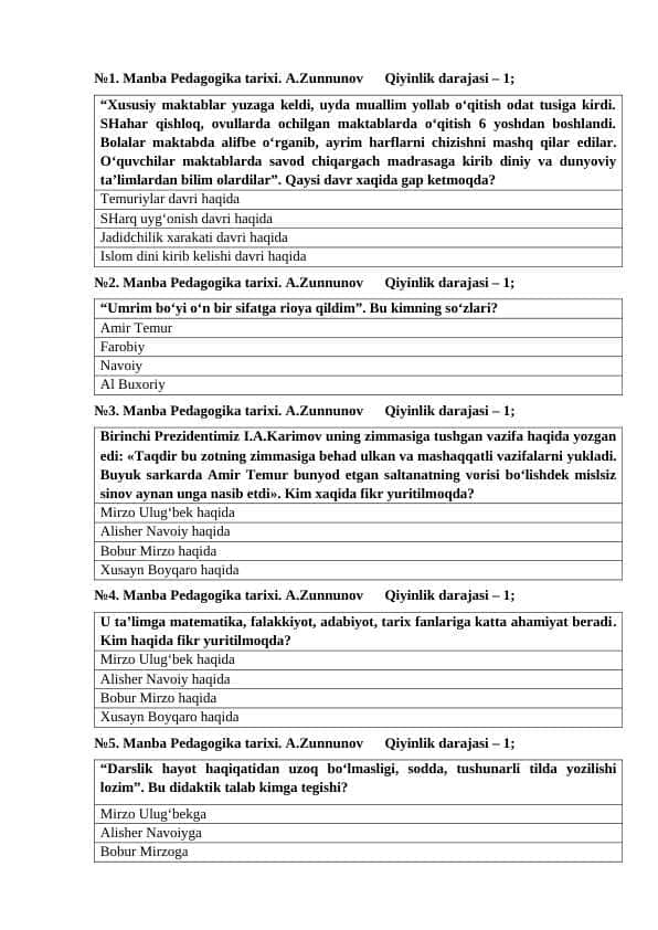 XIV asrning ikkinchi yarmi va XVI asrda Movaraunnahrda pedagogik fikrlar rivoji mavzusida test