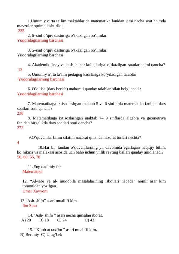 Matematikadan attestatsiyaga tayyorlanish uchun testlar to‘plami to'liq javoblari bilan