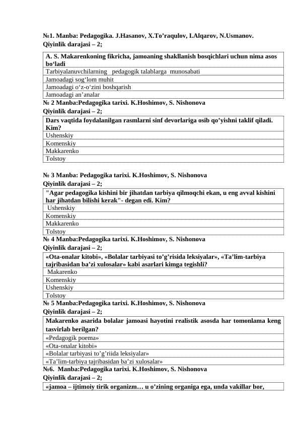 XIX asrning ikkinchi yarmi – XX asrda jahon pedagogika fanining rivoji mavzusida test