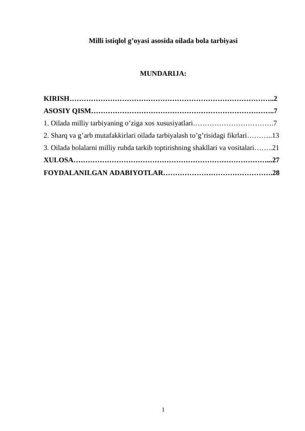 Milli istiqlol g’oyasi asosida oilada bola tarbiyasi