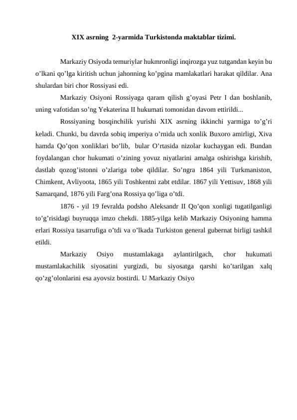 XIX asrning 2-yarmida Turkistonda maktablar tizimi.