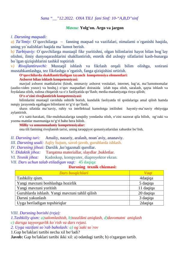 10-sinf ona tili dars ishlanma argo va jargonlar