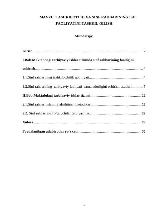 TASHKILOTCHI VA SINF RAHBARINING ISH FAOLIYATINI TASHKIL QILISH