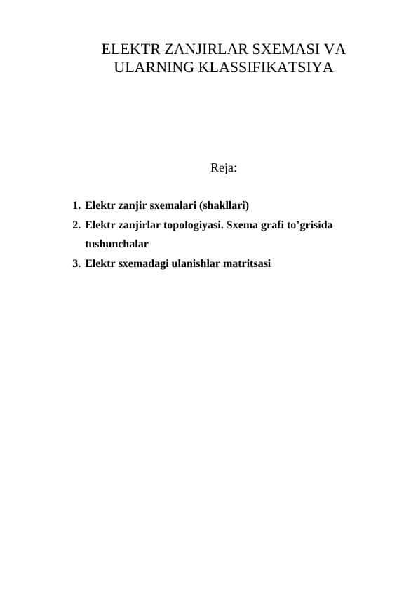 ELEKTR ZANJIRLAR SXEMASI VA ULARNING KLASSIFIKATSIYA