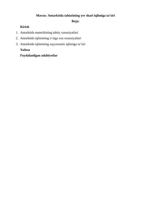 Antarktida tabiatining yer shari iqlimiga taʼsiri
