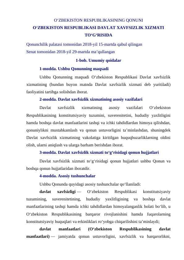 DAVLAT XAVFSIZLIK XIZMATI TO‘G‘RISIDA