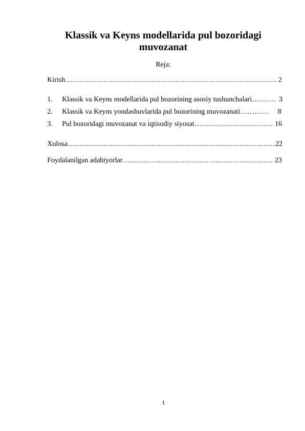 Klassik va Keyns modellarida pul bozoridagi muvozanat