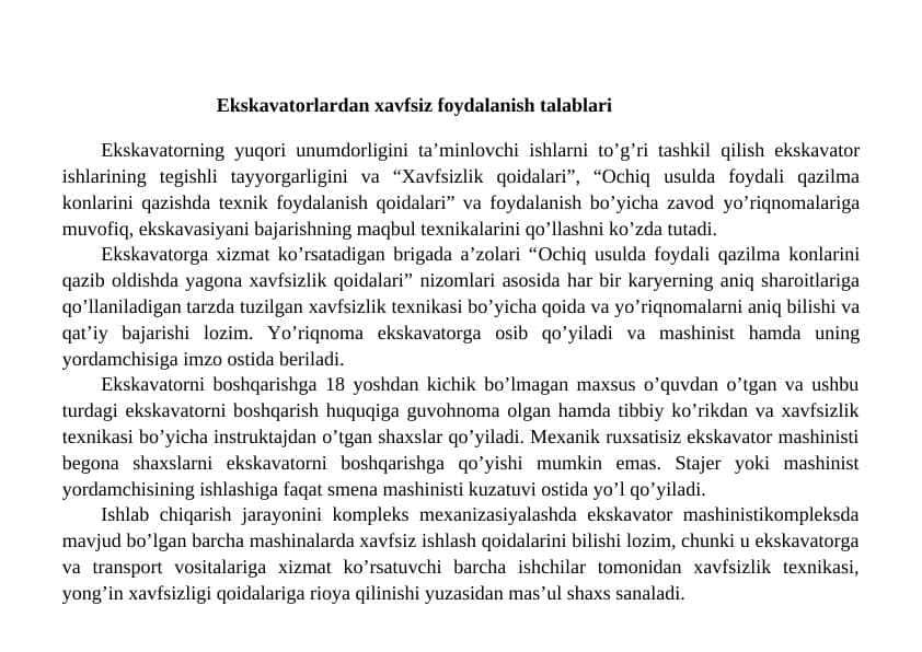 Ekskavatorlardan xavfsiz foydalanish talablari