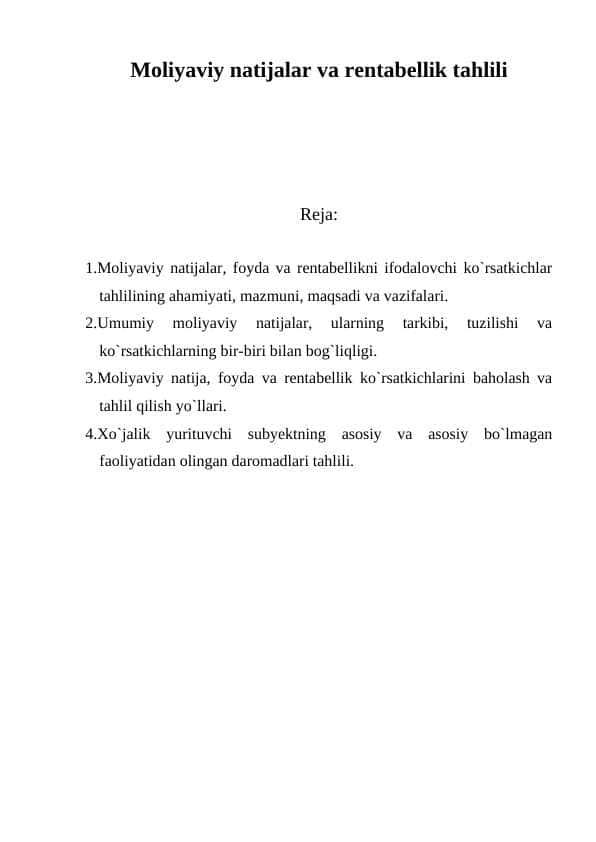 Moliyaviy natijalar va rentabellik tahlili